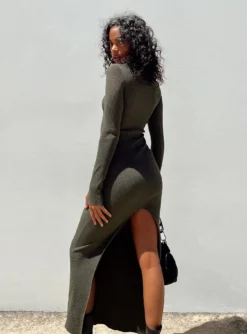 Princess Polly Karim Ribbed Knit Maxi Dress Khaki