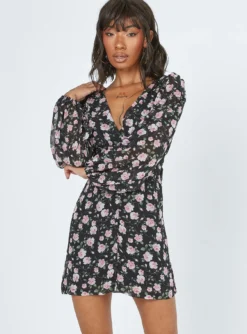 Princess Polly Darlia Long Sleeve Mini Dress Black Floral