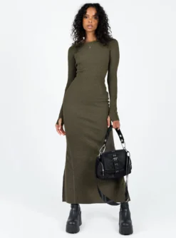 Princess Polly Karim Ribbed Knit Maxi Dress Khaki -Femme Flair 2 modelinfo Kristen us2 41ccaa09 3618 4f04 8852 031fec7ea6d6