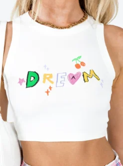 Princess Polly Dream On Tank Top White -Femme Flair 5 modelinfo Emma us2 2ae4aba3 8ee5 49a9 bd34 e9be933c4ea2
