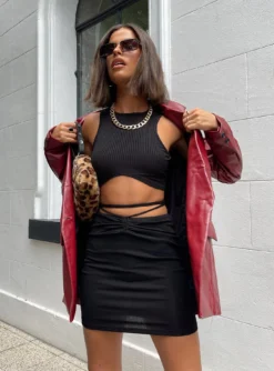 Princess Polly Dom Mini Skirt Black -Femme Flair DOM MINI SKIRT BLACK JOCELYN JACKET BURGUNDY